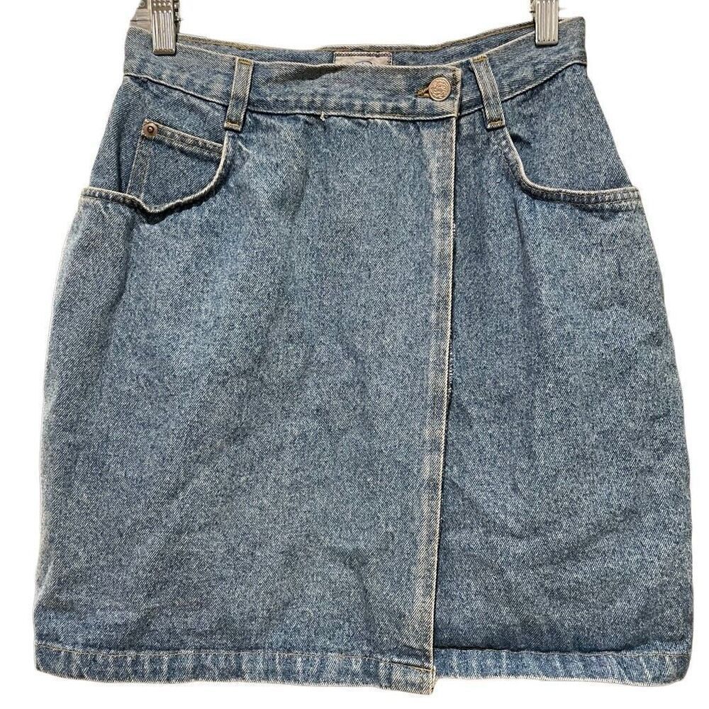 True Blue Denim Skirt Juniors 9/10 Wrap Mini Rigid Light Blue Jean Retro Y2K